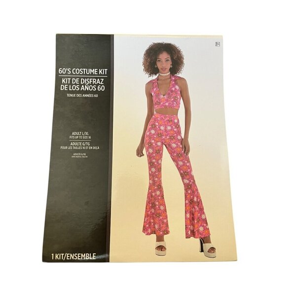 60's Costume Kit Pink Floral Halter Top & Bell Bottom Pants Adult Size L/XL - Picture 2 of 5